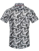 Toku palm print shirt short-sleeved button-up with black and white tropical leaf pattern on light gray fabric