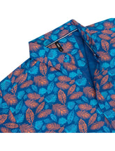 Vibrant blue and orange tropical leaf patterned button-down shirt ideal for casual summer wear