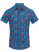 Toku palm print shirt vibrant blue short-sleeved button-up with rust-colored leaf pattern