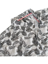 Toku palm print shirt white button-up with black and gray tropical palm leaves and pink inner collar trim