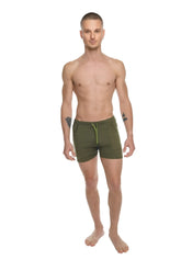Olive green transition yoga shorts with lime green drawstring designed for athletic and casual wear