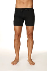 Black transition yoga shorts with sleek minimalist design and subtle waistband branding for comfortable workouts