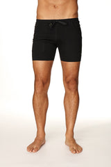 Black transition yoga shorts with sleek minimalist design and subtle waistband branding for comfortable workouts