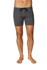 Transition yoga short charcoal with black dark gray heathered fabric with drawstring waistband and two side pockets