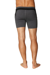 Transition yoga short in charcoal with black side panels and waistband made for a snug active wear fit