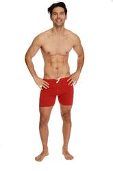Red swim trunks transition yoga short in cinnabar red with white drawstring for activewear and casual use