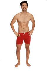 Red swim trunks transition yoga short in cinnabar red with white drawstring for activewear and casual use