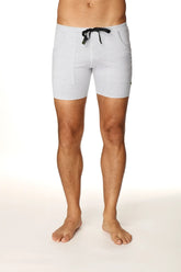 Transition yoga short in light gray heathered fabric with black drawstring and side pockets for active wear