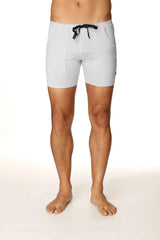 Transition yoga short in light gray heathered fabric with black drawstring and side pockets for active wear