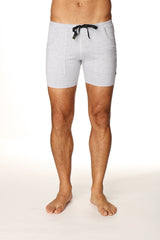 Transition yoga short in light gray heathered fabric with black drawstring and side pockets for active wear