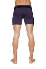 Transition yoga shorts in eggplant with black side stripes and matching elastic waistband for athletic use
