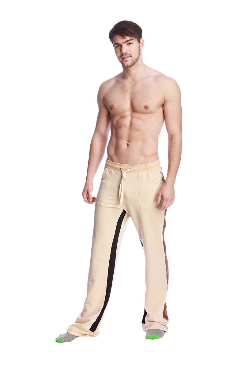 Beige tri-color stretch eco-track and yoga sweat pant with black side stripes and drawstring waistband