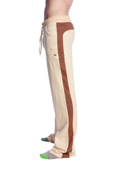 Beige and brown side-striped stretch eco-track and yoga sweat pants with drawstring waistband in sand chocolate and black