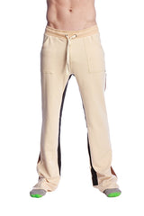 Beige tri-color stretch eco-track and yoga sweat pant with black side stripes and drawstring waistband