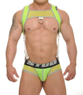 Bright neon green and gray mesh harness style bodysuit with a central metal ring at the chest Tribe chest harness