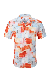 Vibrant orange and light blue abstract brushstroke patterned short-sleeved button-up shirt from tropics collection ss shirt