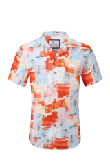 Vibrant orange and light blue abstract brushstroke patterned short-sleeved button-up shirt from tropics collection ss shirt