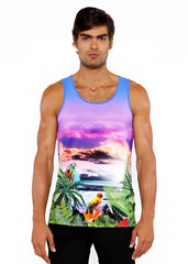 Tropics stretch mesh tank featuring a vibrant tropical sunset design with colorful parrots and lush green foliage