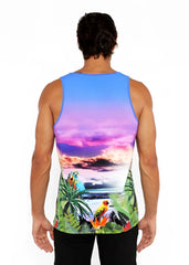Vibrant tropics stretch mesh tank featuring colorful parrots and lush foliage against a gradient tropical sunset sky