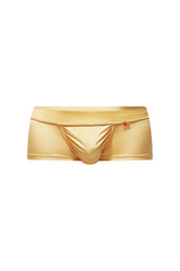 Gold metallic briefs trunk taik joe gold with smooth shiny fabric and small red logo on the waistband