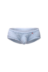 Light blue fuzzy men’s trunks with soft plush texture and small red logo on the waistband called trunk yeti blue