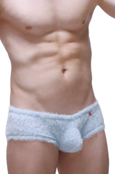 Light blue trunk yeti men’s underwear with plush textured material and small red logo on waistband