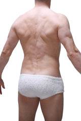 White fluffy lace-trimmed briefs trunk yeti white soft breathable fabric for comfortable everyday wear