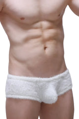 Trunk yeti white briefs with soft plush material and integrated pouch design in white fluffy textured fabric
