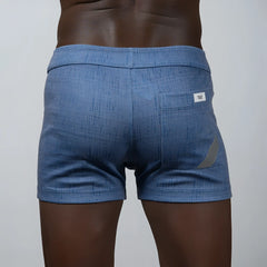 Blue tulio linen texture shorts with a subtle woven pattern and gray diagonal accent on the side