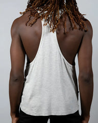 A heather gray tulio racerback tank with relaxed fit and subtle side seam detailing shown from the back side