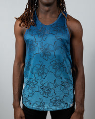 Blue hibiscus ombre print tank top featuring black outlined floral pattern perfect for casual summer wear