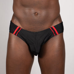 Black tulio brief with bold red pipping stripe waistband designed for comfort and style in everyday wear