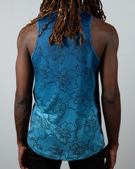 Blue hibiscus ombre print tank top featuring black outlined floral pattern perfect for casual summer wear