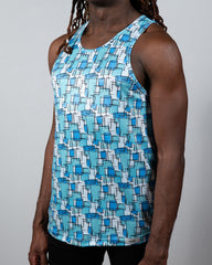A men’s wallpaper print tank top with overlapping blue squares on white made from lightweight fabric