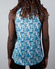 A blue and white geometric patterned sleeveless tank top called wallpaper print tank made of lightweight fabric