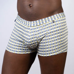 White boxer briefs with navy blue and yellow interlocking d-shaped links pattern designer buckle print sq cut trunk