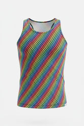 Tulio Swimwear tank top featuring a vibrant diagonal rainbow dot pattern on a plain background, front view.