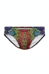 Tulio Swimwear Rainbow Maze Swim Brief featuring a vibrant, multicolored abstract labyrinth pattern on a black base.