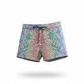Tulio Swimwear colorful rainbow maze patterned linen texture shorts with a drawstring waistband.