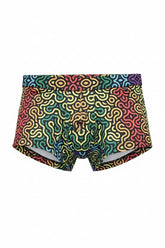 Tulio square cut swimwear featuring a colorful, intricate rainbow maze pattern on a dark background.
