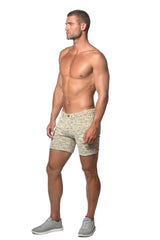 Beige and gray tweed-look jacquard stretch knit jeans shorts with a subtle woven pattern limited edition