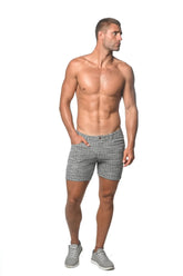 Gray tweed-look jacquard stretch knit jeans shorts with herringbone pattern tailored fit and button closure