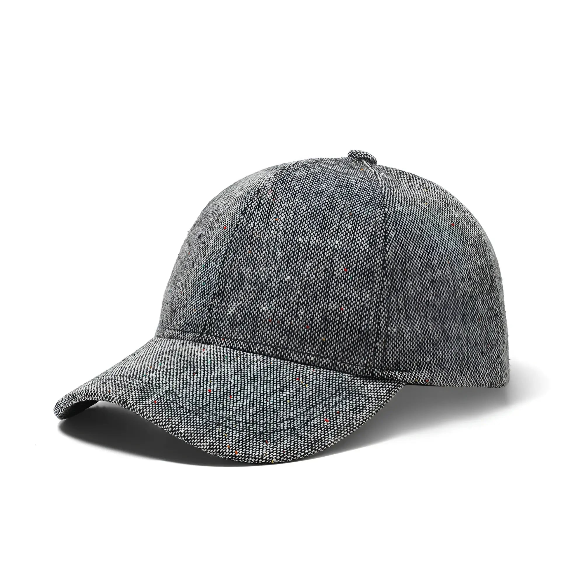 Gray tweed speckled baseball cap with herringbone pattern structured crown and curved brim