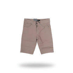 Beige twill stretch skinny shorts with classic five-pocket design and button closure for casual wear