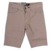 Beige twill stretch skinny shorts featuring a five-pocket design with silver-toned hardware for casual wear