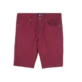 Maroon twill stretch skinny shorts made of durable fabric with silver-toned buttons and classic stitching details