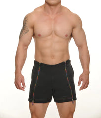Black Tyler zipper shorts featuring rainbow-colored side zippers for a vibrant casual look