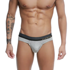 Gray heathered U-Station Adam briefs with black elastic waistband and gold u station logo U0122-020