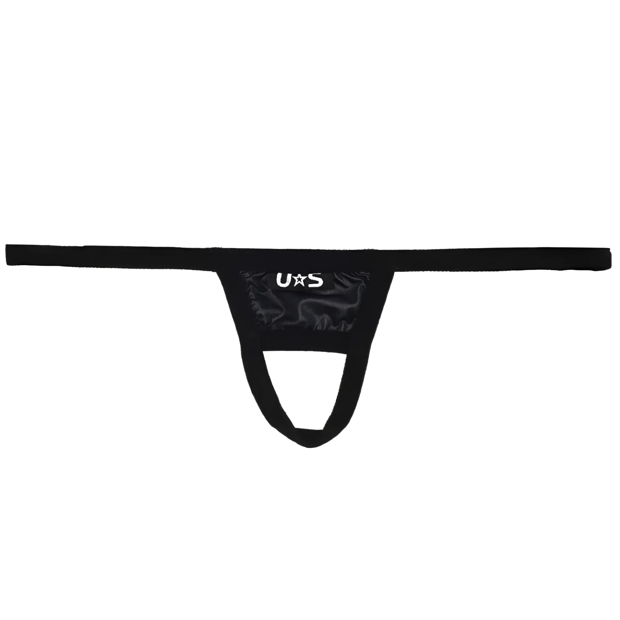 Black u station ball holder thong with glossy stretchy fabric and central pouch design for support and comfort