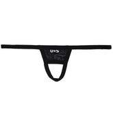 Black u station ball holder thong with glossy stretchy fabric and central pouch design for support and comfort